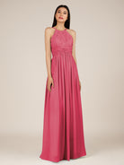 KissDress-Orinthia Fuchsia A Line Halter Neck Chiffon Long Bridesmaid Dress with Pleats