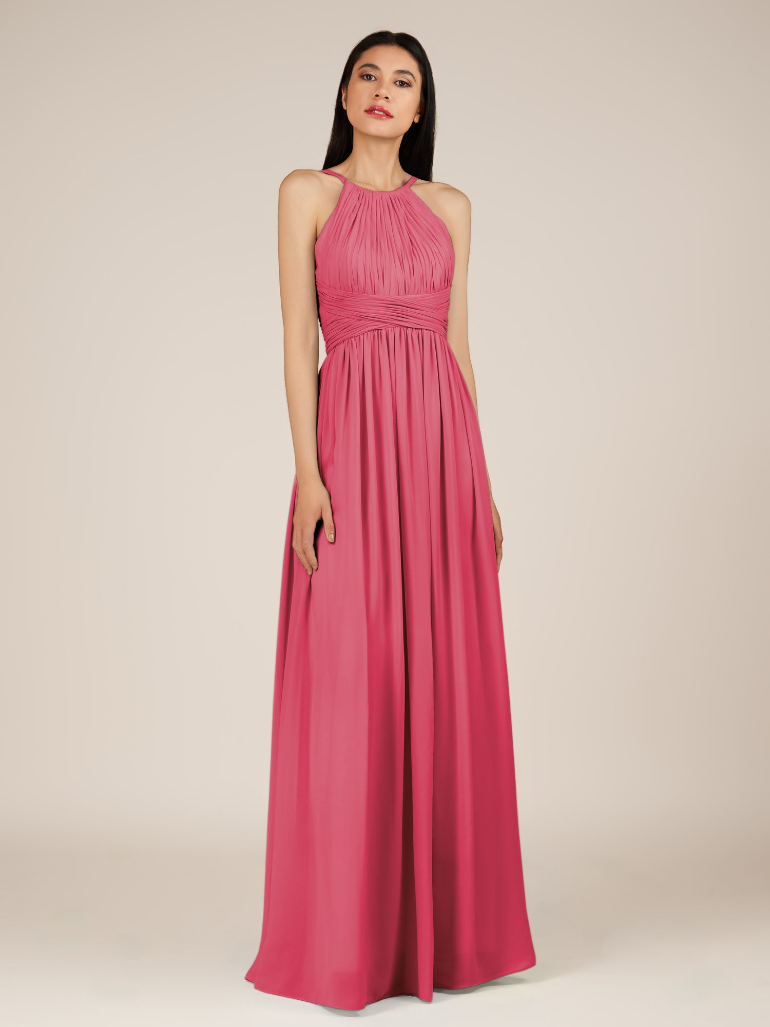 KissDress-Orinthia Fuchsia A Line Halter Neck Chiffon Long Bridesmaid Dress with Pleats