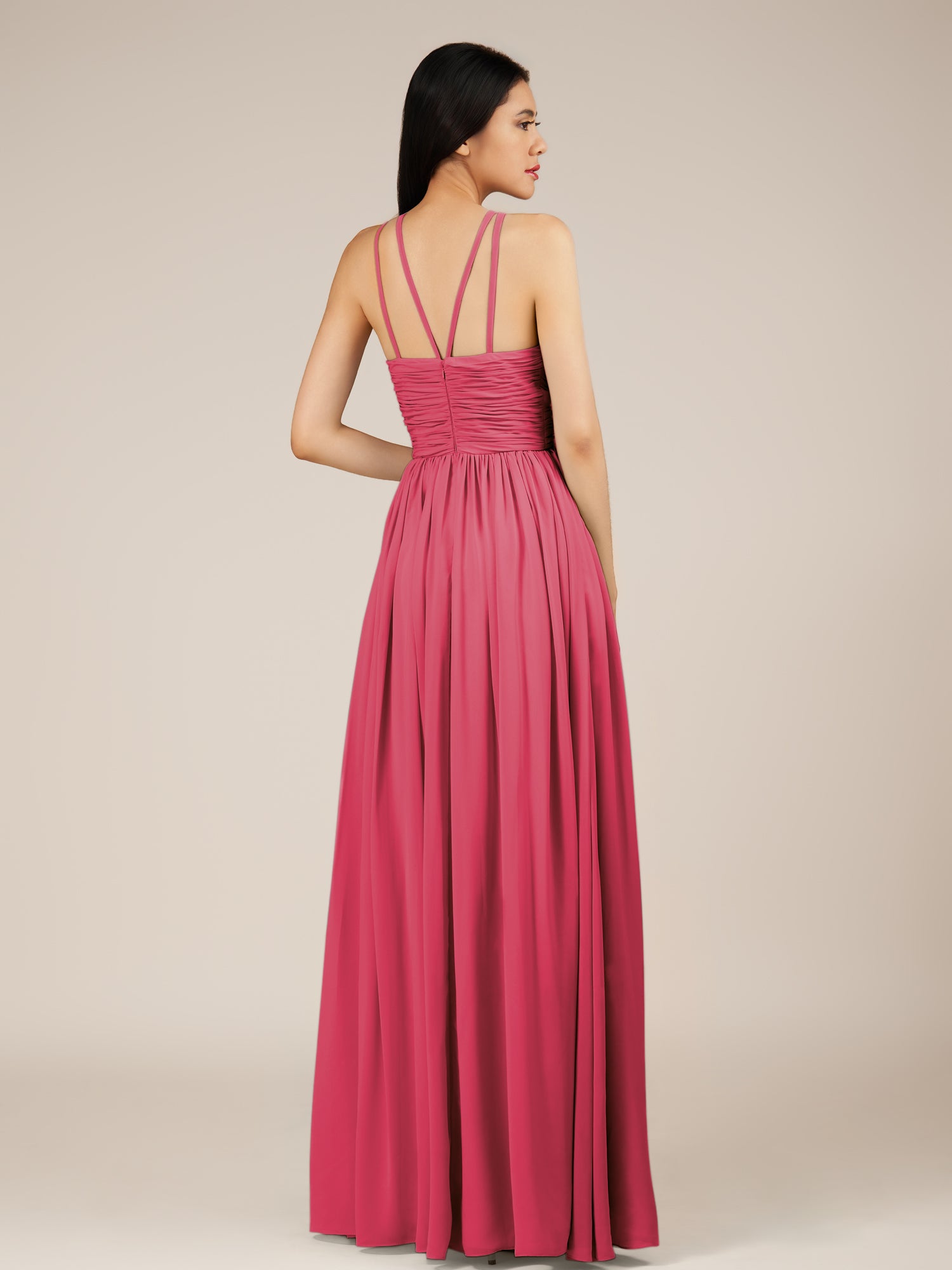 KissDress-Orinthia Fuchsia A Line Halter Neck Chiffon Long Bridesmaid Dress with Pleats
