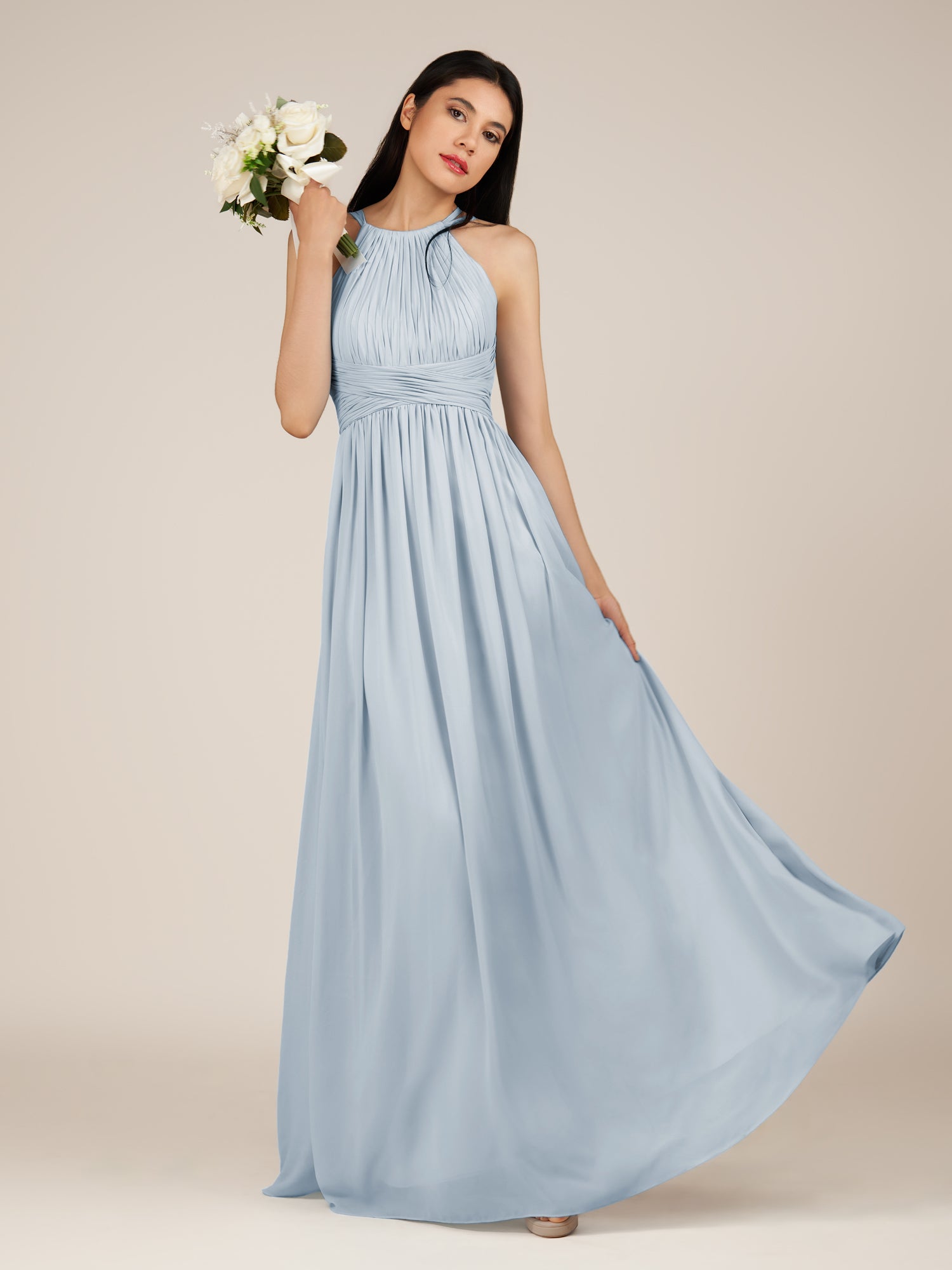 KissDress-Orinthia Ice A Line Halter Neck Chiffon Long Bridesmaid Dress with Pleats