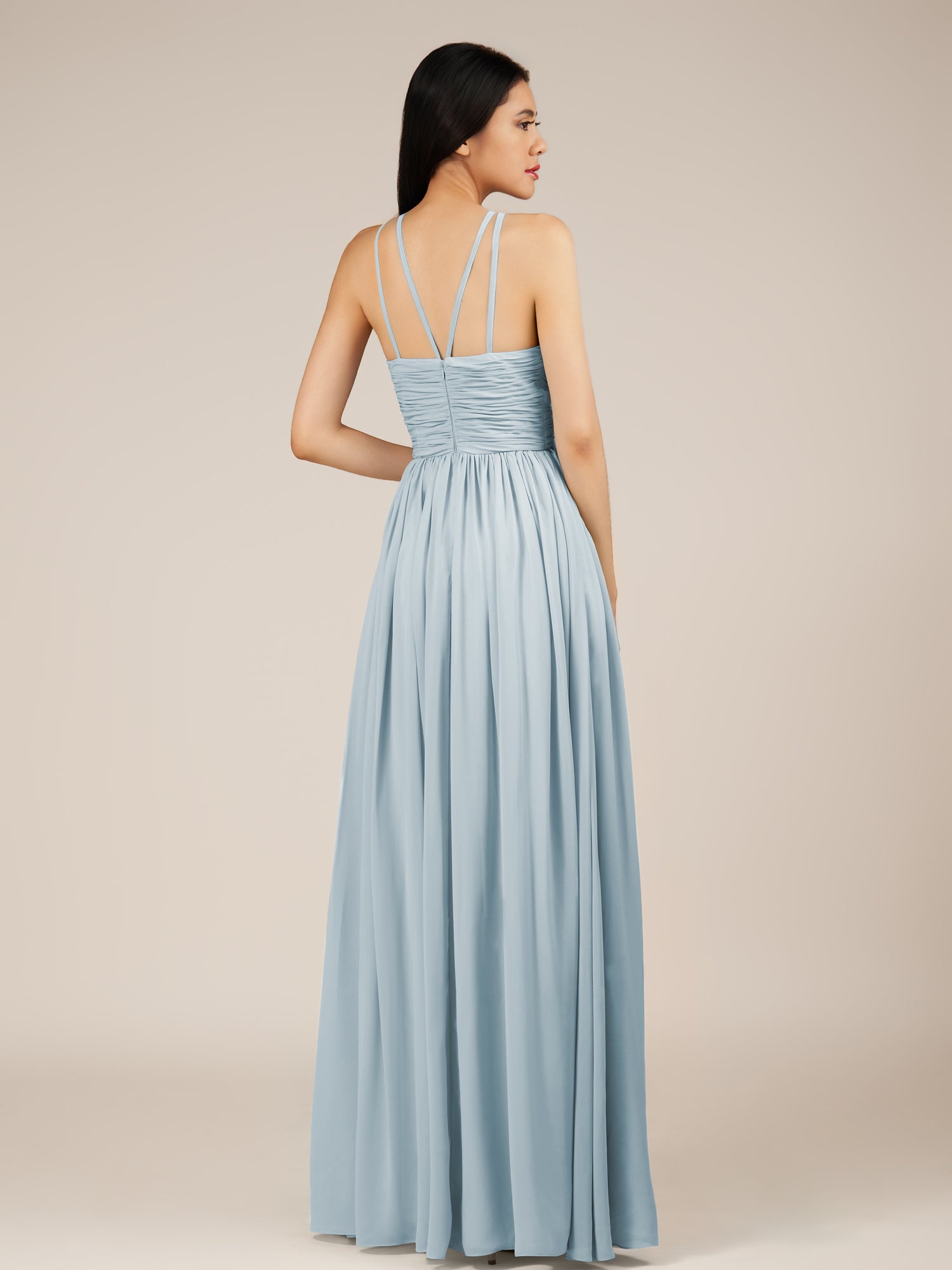 KissDress-Orinthia Ice A Line Halter Neck Chiffon Long Bridesmaid Dress with Pleats