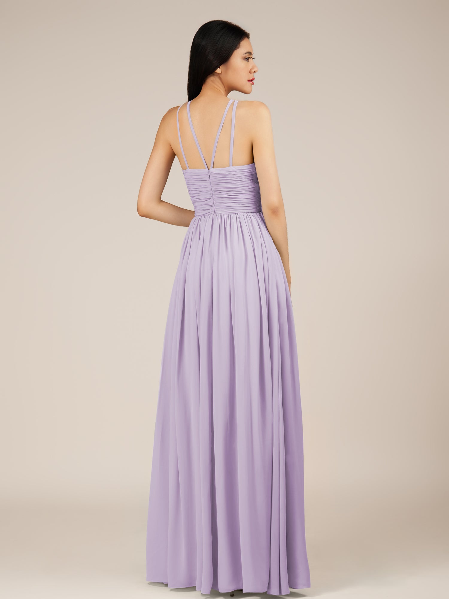 KissDress-Orinthia Lavender A Line Halter Neck Chiffon Long Bridesmaid Dress with Pleats