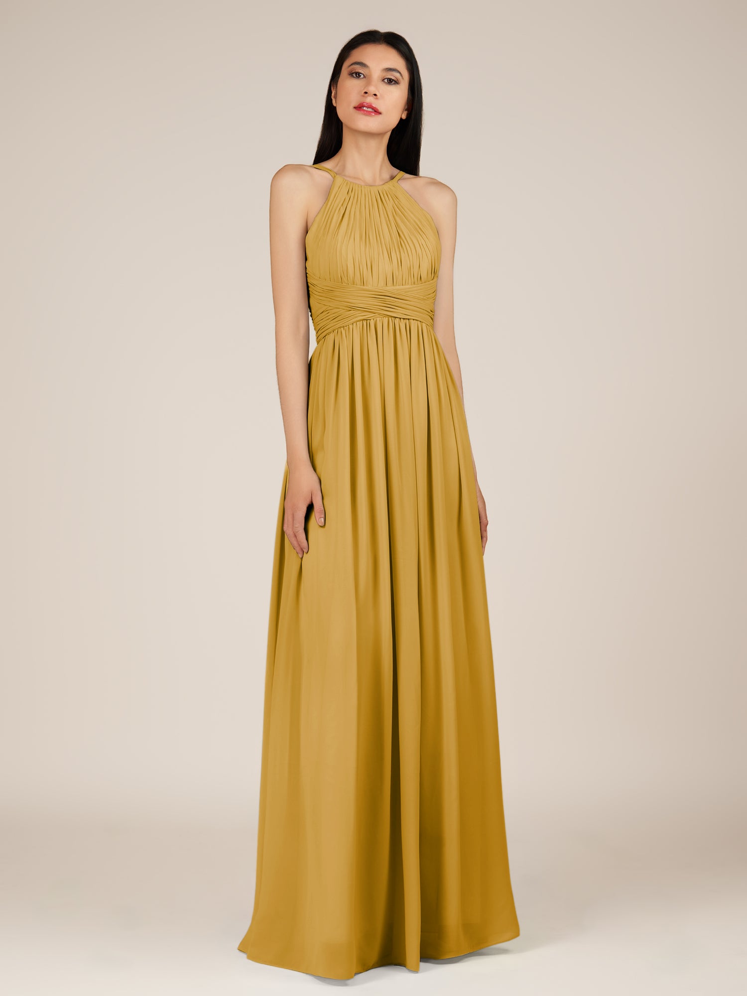 KissDress-Orinthia Marigold A Line Halter Neck Chiffon Long Bridesmaid Dress with Pleats