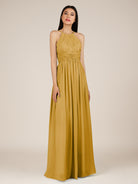 KissDress-Orinthia Marigold A Line Halter Neck Chiffon Long Bridesmaid Dress with Pleats