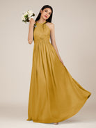 KissDress-Orinthia Marigold A Line Halter Neck Chiffon Long Bridesmaid Dress with Pleats
