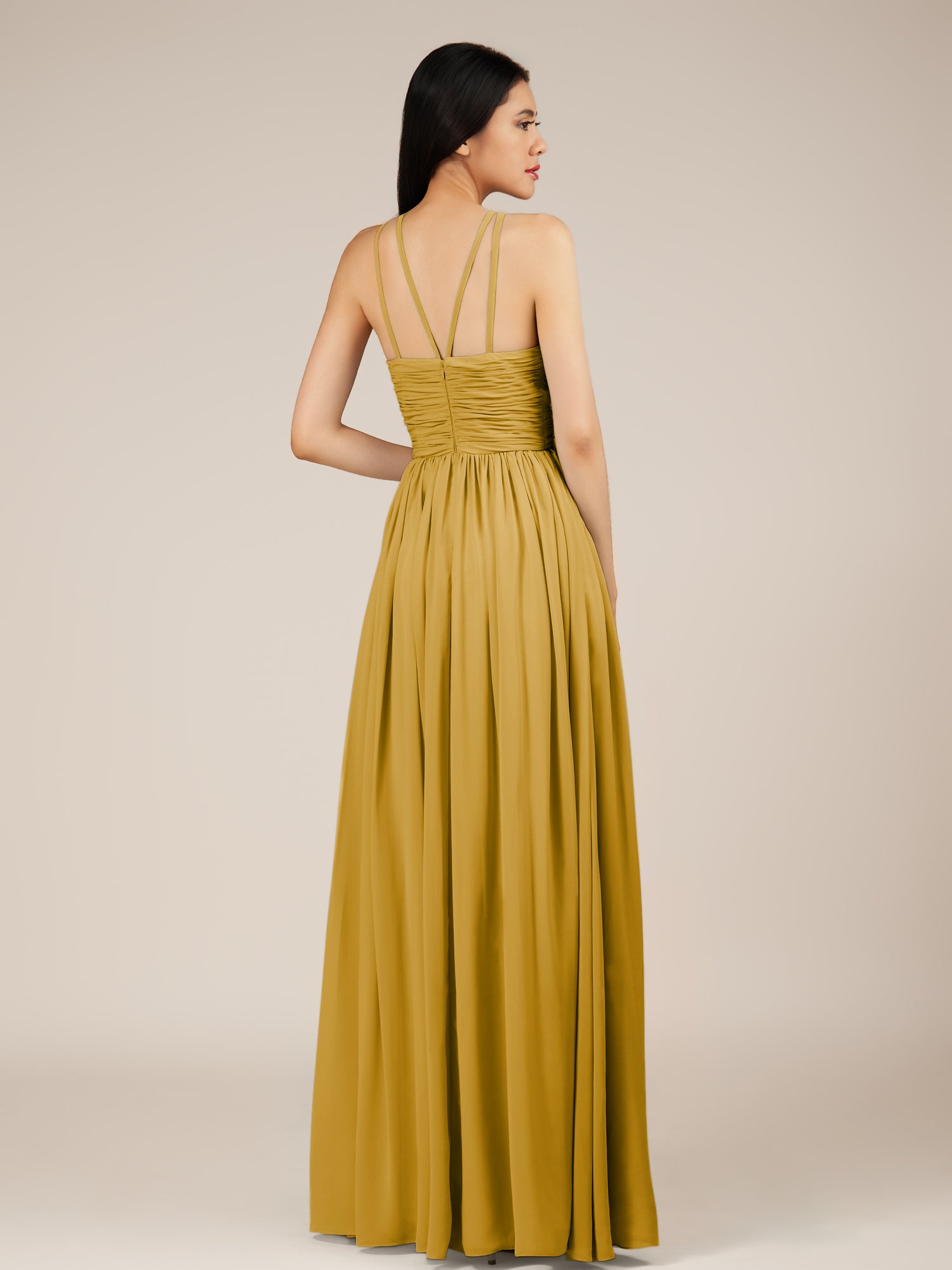 KissDress-Orinthia Marigold A Line Halter Neck Chiffon Long Bridesmaid Dress with Pleats