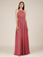 KissDress-Orinthia Merlot A Line Halter Neck Chiffon Long Bridesmaid Dress with Pleats