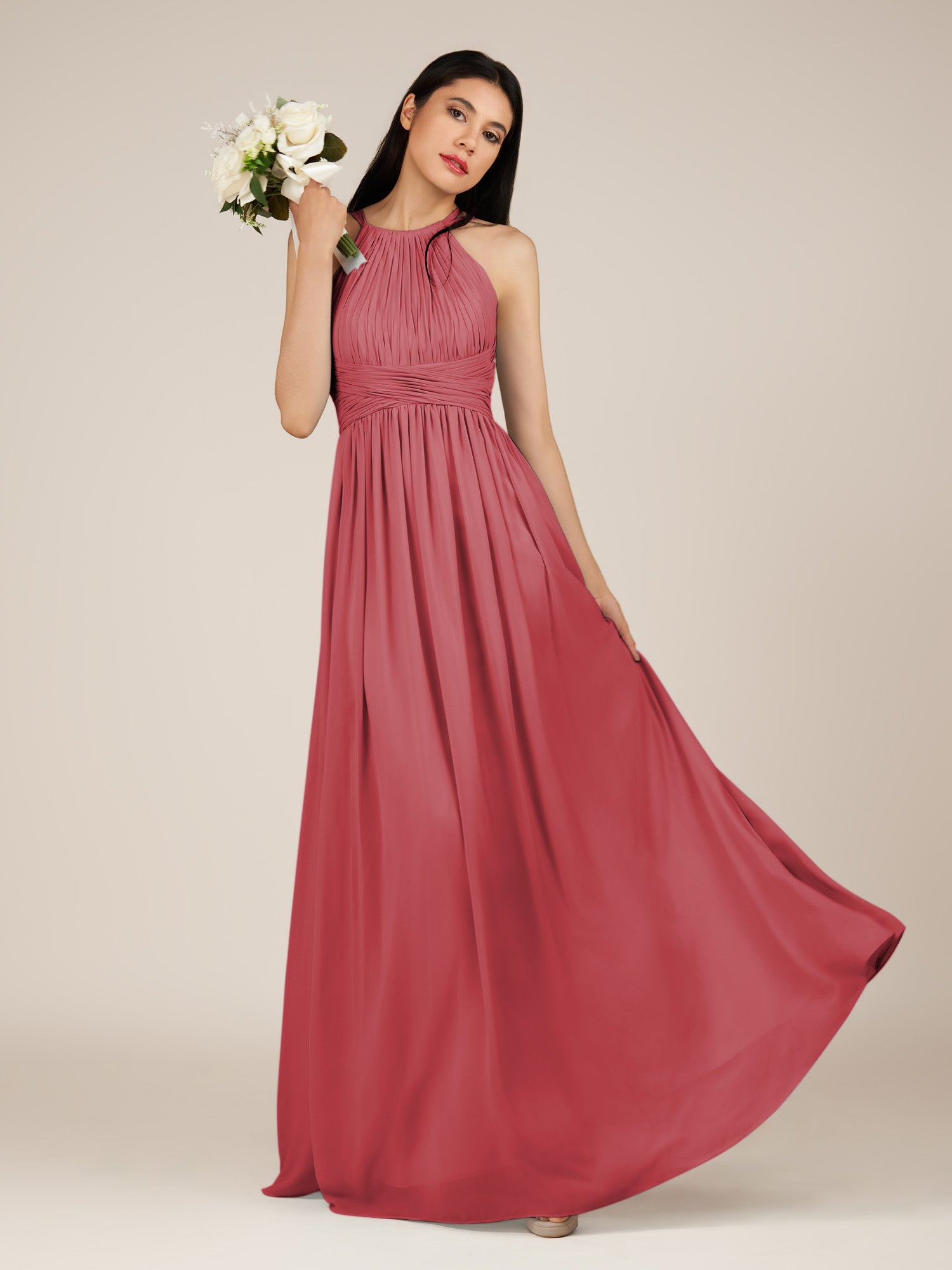 KissDress-Orinthia Merlot A Line Halter Neck Chiffon Long Bridesmaid Dress with Pleats