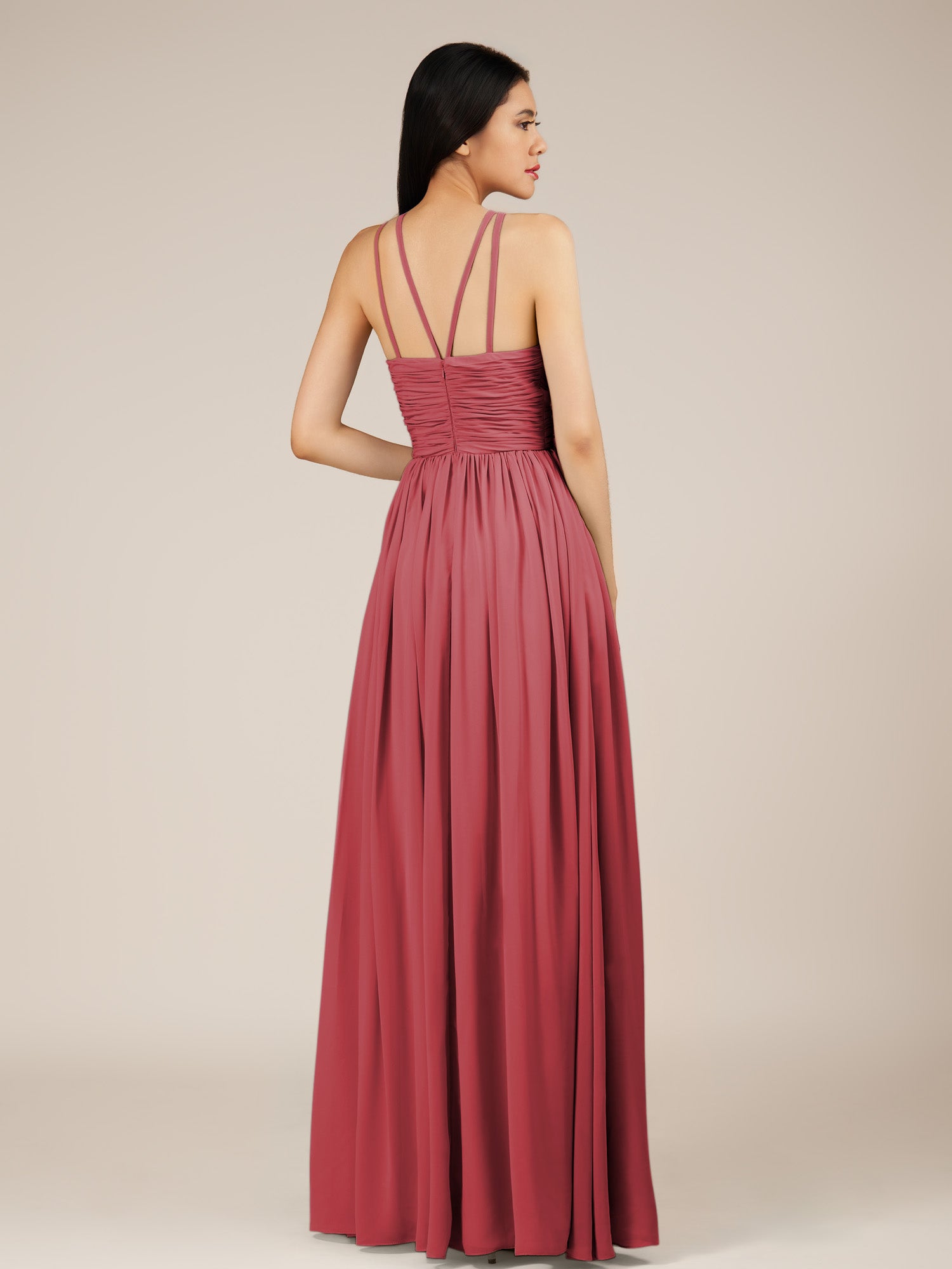 KissDress-Orinthia Merlot A Line Halter Neck Chiffon Long Bridesmaid Dress with Pleats