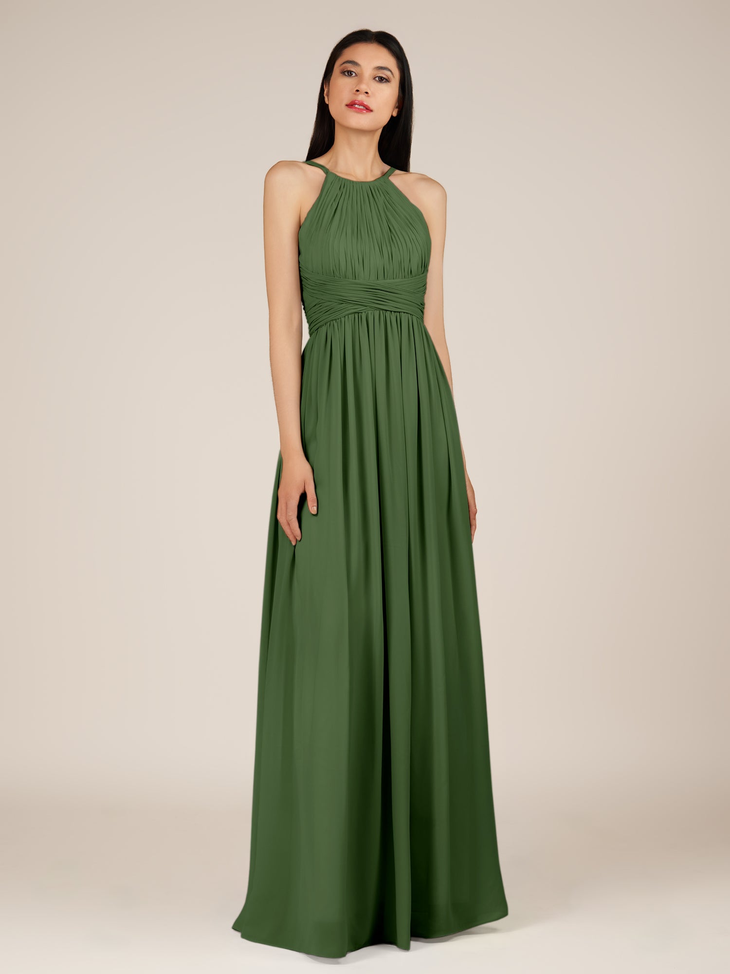KissDress-Orinthia Moss A Line Halter Neck Chiffon Long Bridesmaid Dress with Pleats