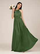 KissDress-Orinthia Moss A Line Halter Neck Chiffon Long Bridesmaid Dress with Pleats