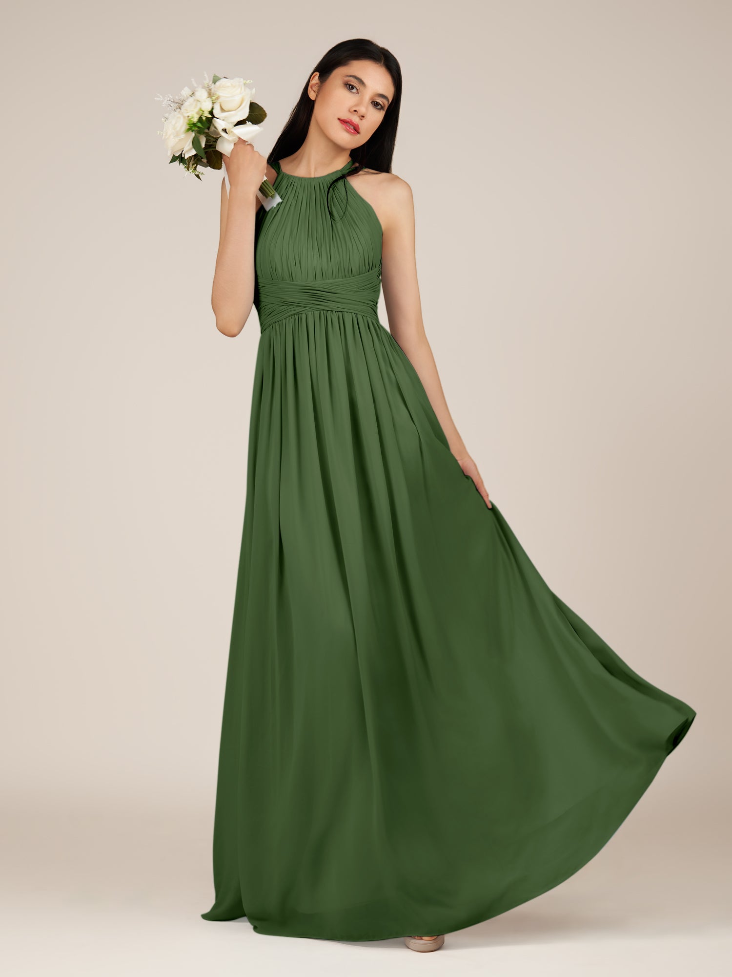 KissDress-Orinthia Moss A Line Halter Neck Chiffon Long Bridesmaid Dress with Pleats