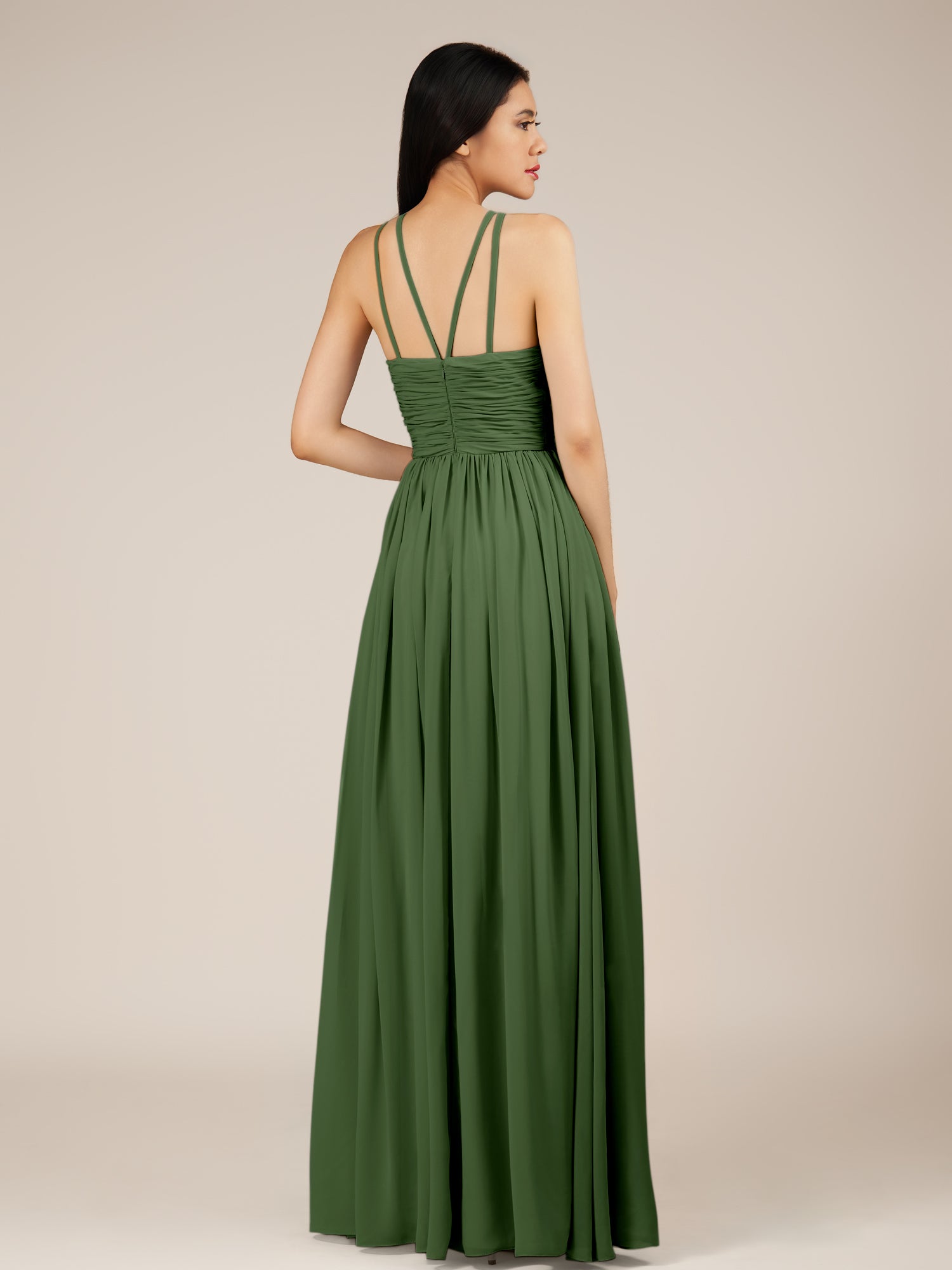 KissDress-Orinthia Moss A Line Halter Neck Chiffon Long Bridesmaid Dress with Pleats