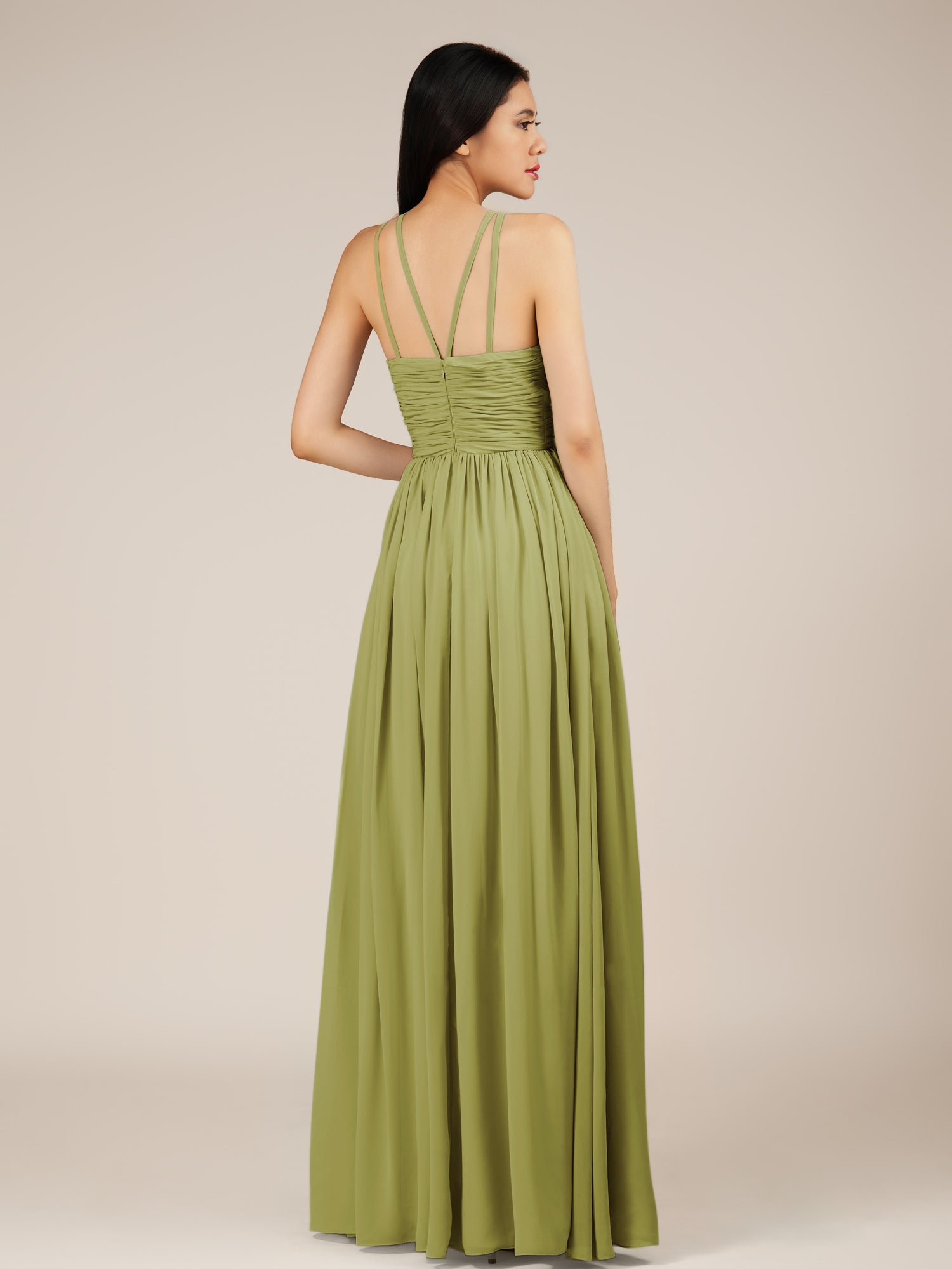 KissDress-Orinthia Moss Green A Line Halter Neck Chiffon Long Bridesmaid Dress with Pleats