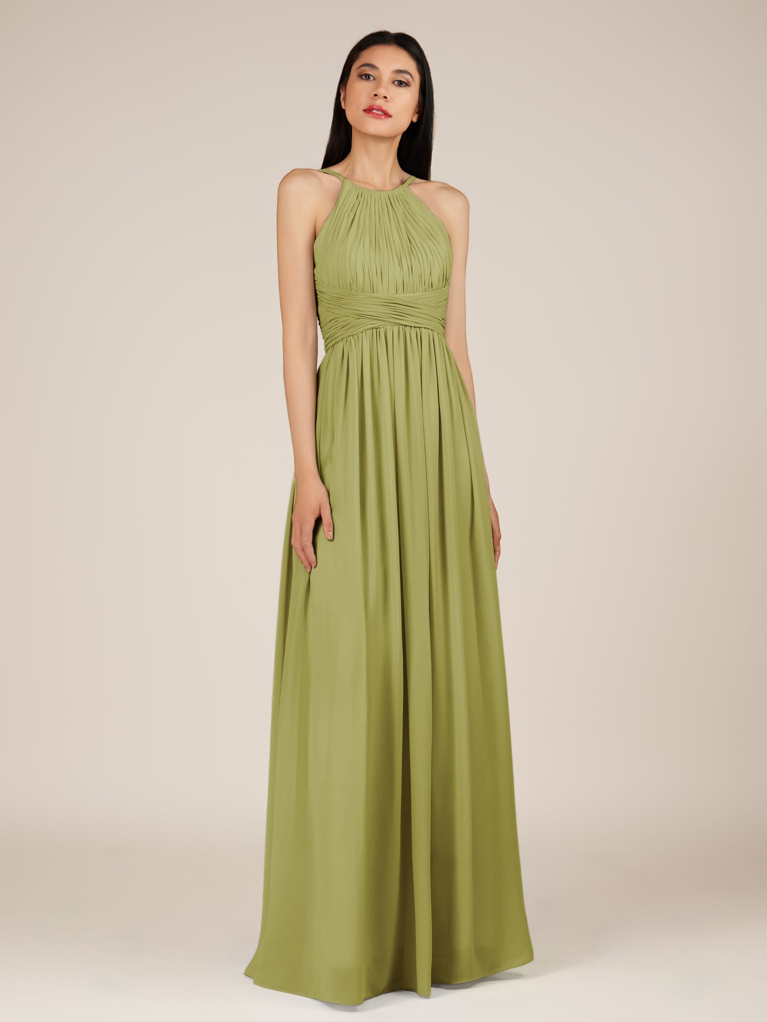 KissDress-Orinthia Moss Green A Line Halter Neck Chiffon Long Bridesmaid Dress with Pleats