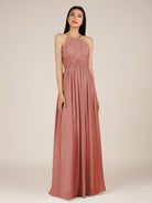 KissDress-Orinthia Mulberry A Line Halter Neck Chiffon Long Bridesmaid Dress with Pleats