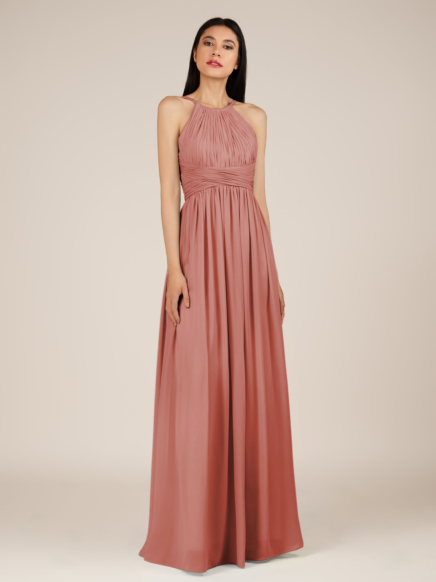 KissDress-Orinthia Mulberry A Line Halter Neck Chiffon Long Bridesmaid Dress with Pleats