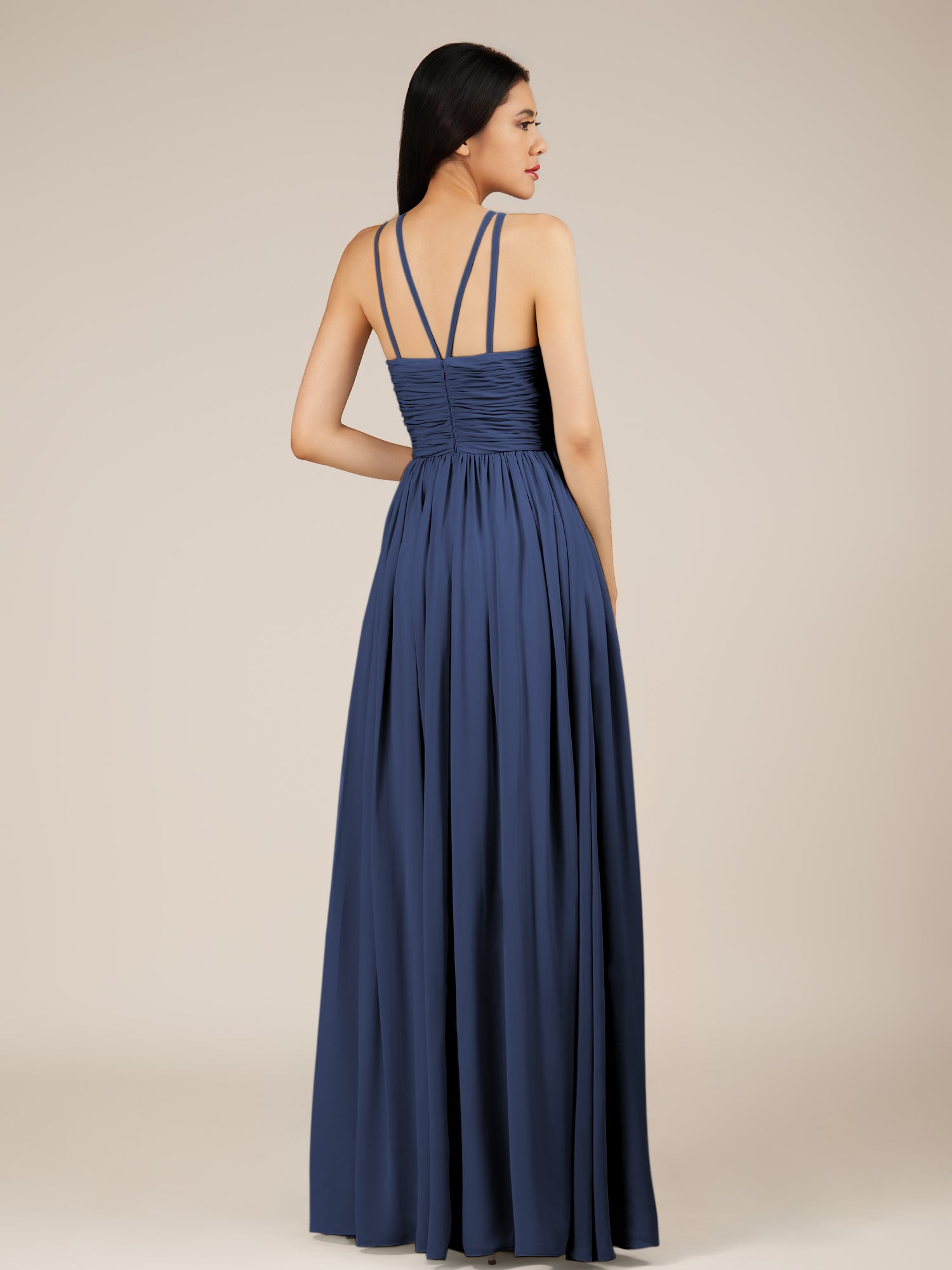 KissDress-Orinthia Navy A Line Halter Neck Chiffon Long Bridesmaid Dress with Pleats