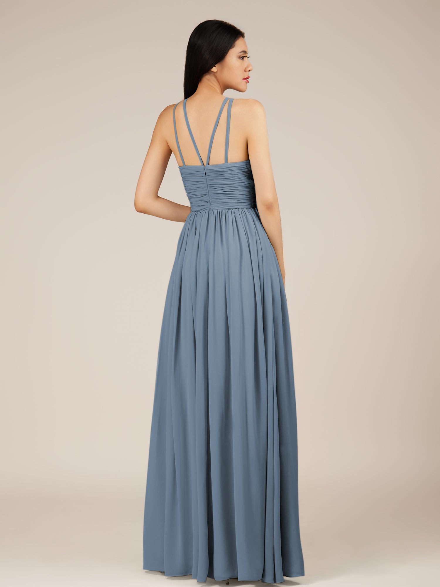 KissDress-Orinthia Neptune A Line Halter Neck Chiffon Long Bridesmaid Dress with Pleats