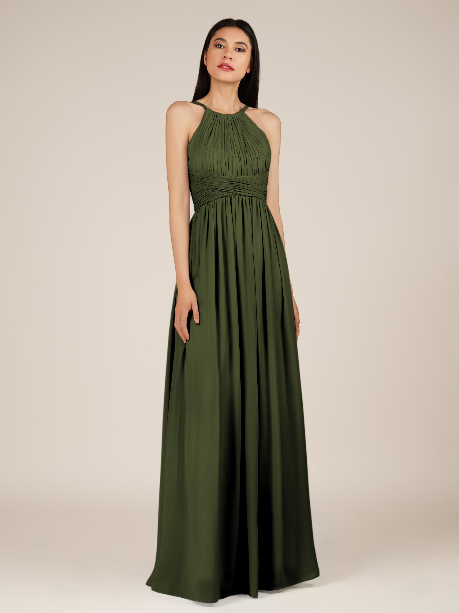 KissDress-Orinthia Olive A Line Halter Neck Chiffon Long Bridesmaid Dress with Pleats