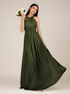 KissDress-Orinthia Olive A Line Halter Neck Chiffon Long Bridesmaid Dress with Pleats