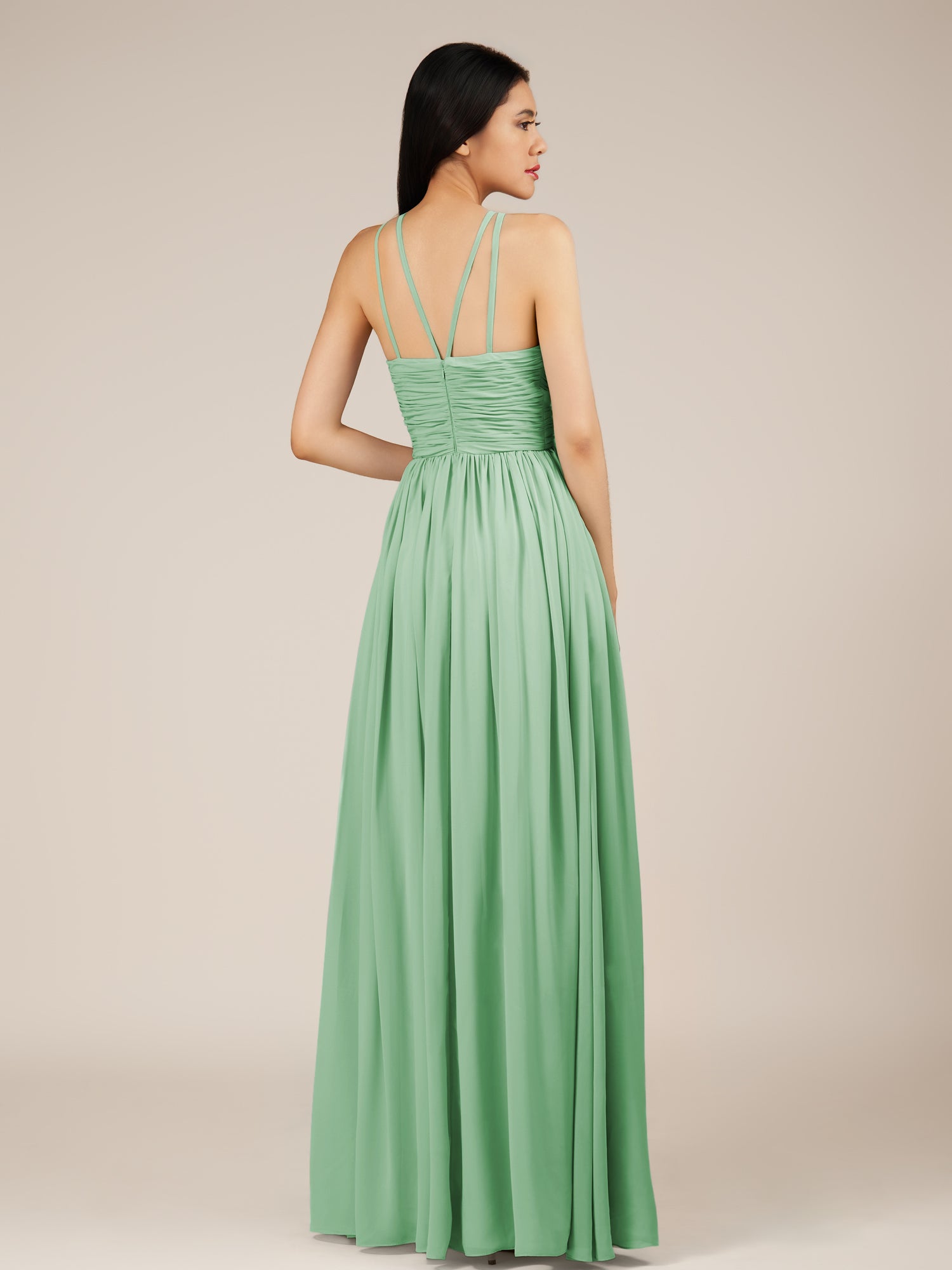 KissDress-Orinthia Pale Pistachio A Line Halter Neck Chiffon Long Bridesmaid Dress with Pleats