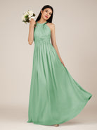 KissDress-Orinthia Pale Pistachio A Line Halter Neck Chiffon Long Bridesmaid Dress with Pleats