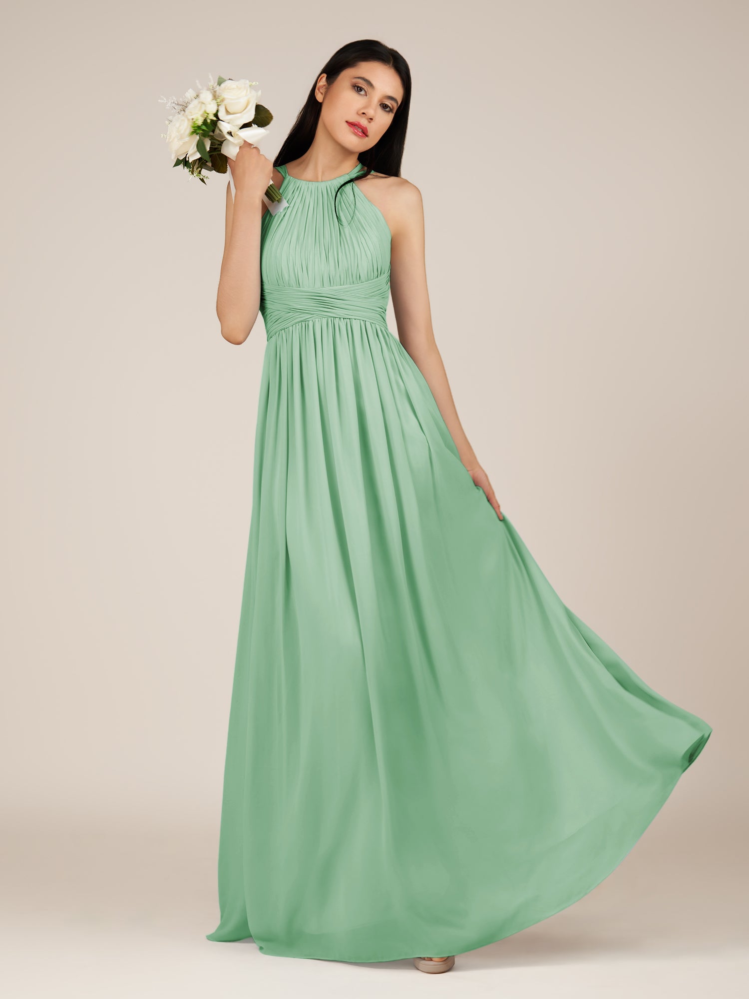 KissDress-Orinthia Pale Pistachio A Line Halter Neck Chiffon Long Bridesmaid Dress with Pleats