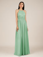 KissDress-Orinthia Pale Pistachio A Line Halter Neck Chiffon Long Bridesmaid Dress with Pleats