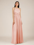 KissDress-Orinthia Rose Petal A Line Halter Neck Chiffon Long Bridesmaid Dress with Pleats