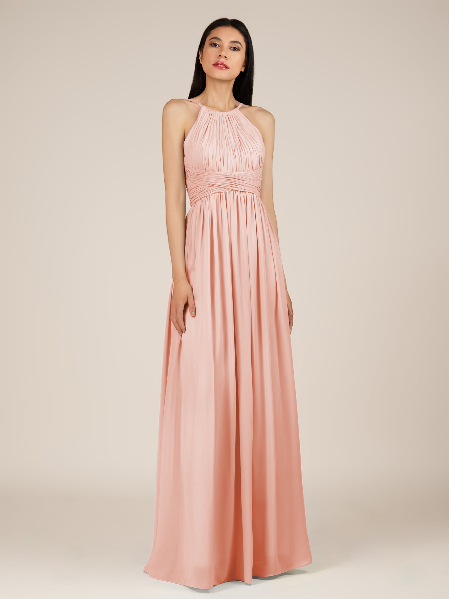 KissDress-Orinthia Rose Petal A Line Halter Neck Chiffon Long Bridesmaid Dress with Pleats