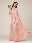 KissDress-Orinthia Rose Petal A Line Halter Neck Chiffon Long Bridesmaid Dress with Pleats