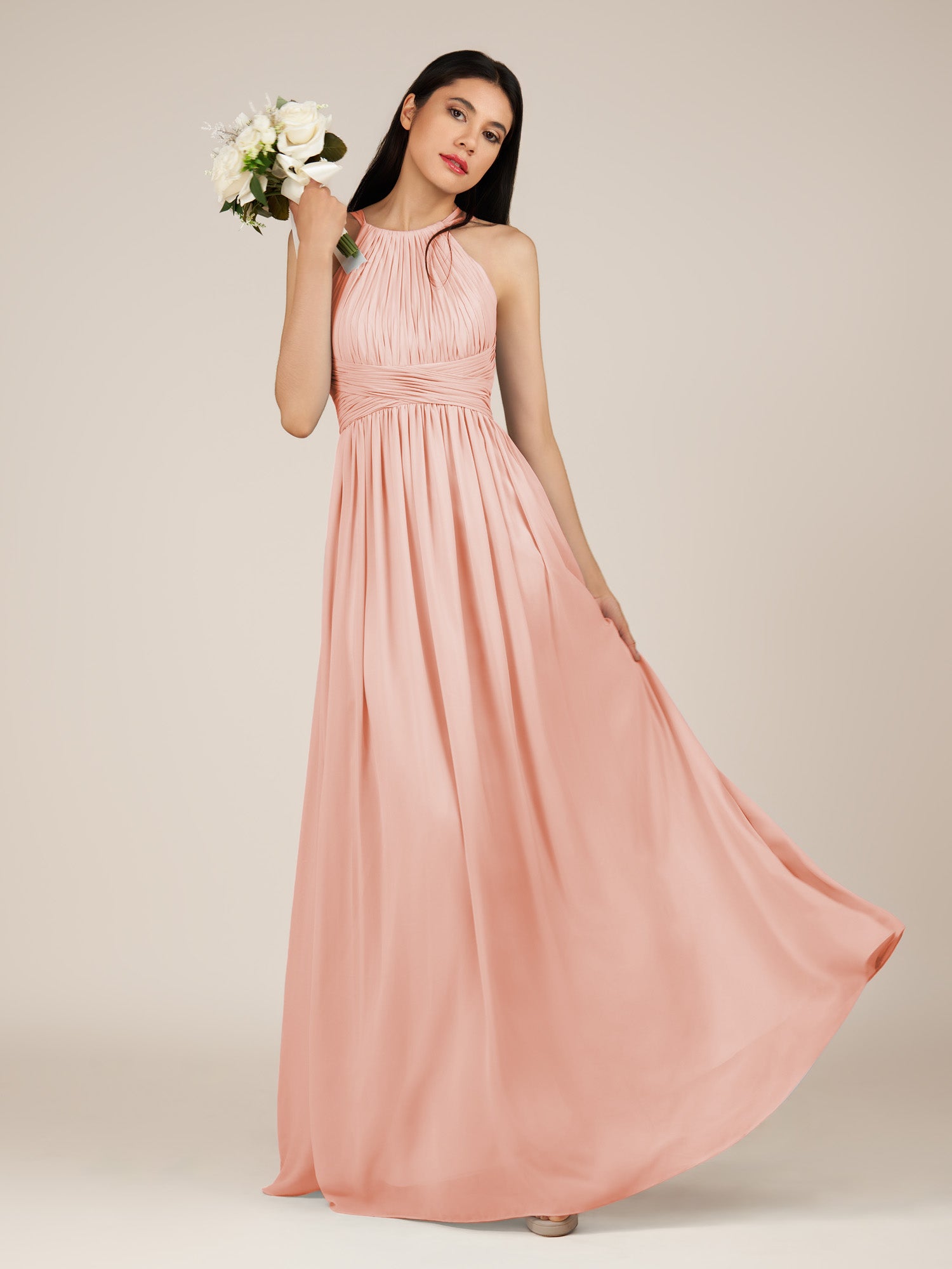 KissDress-Orinthia Rose Petal A Line Halter Neck Chiffon Long Bridesmaid Dress with Pleats