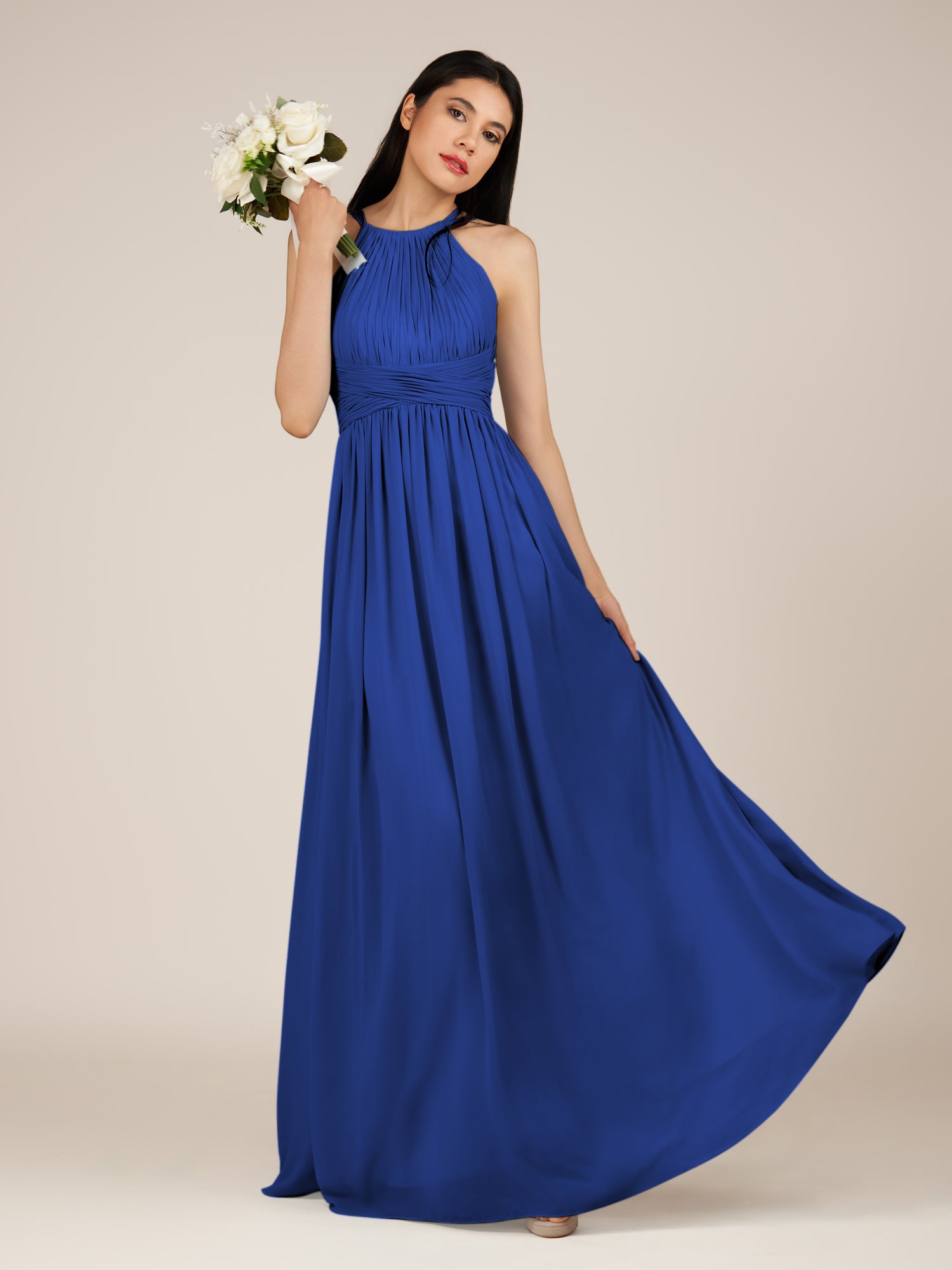 KissDress-Orinthia Royal Blue A Line Halter Neck Chiffon Long Bridesmaid Dress with Pleats