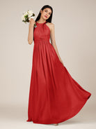 KissDress-Orinthia Ruby Red A Line Halter Neck Chiffon Long Bridesmaid Dress with Pleats