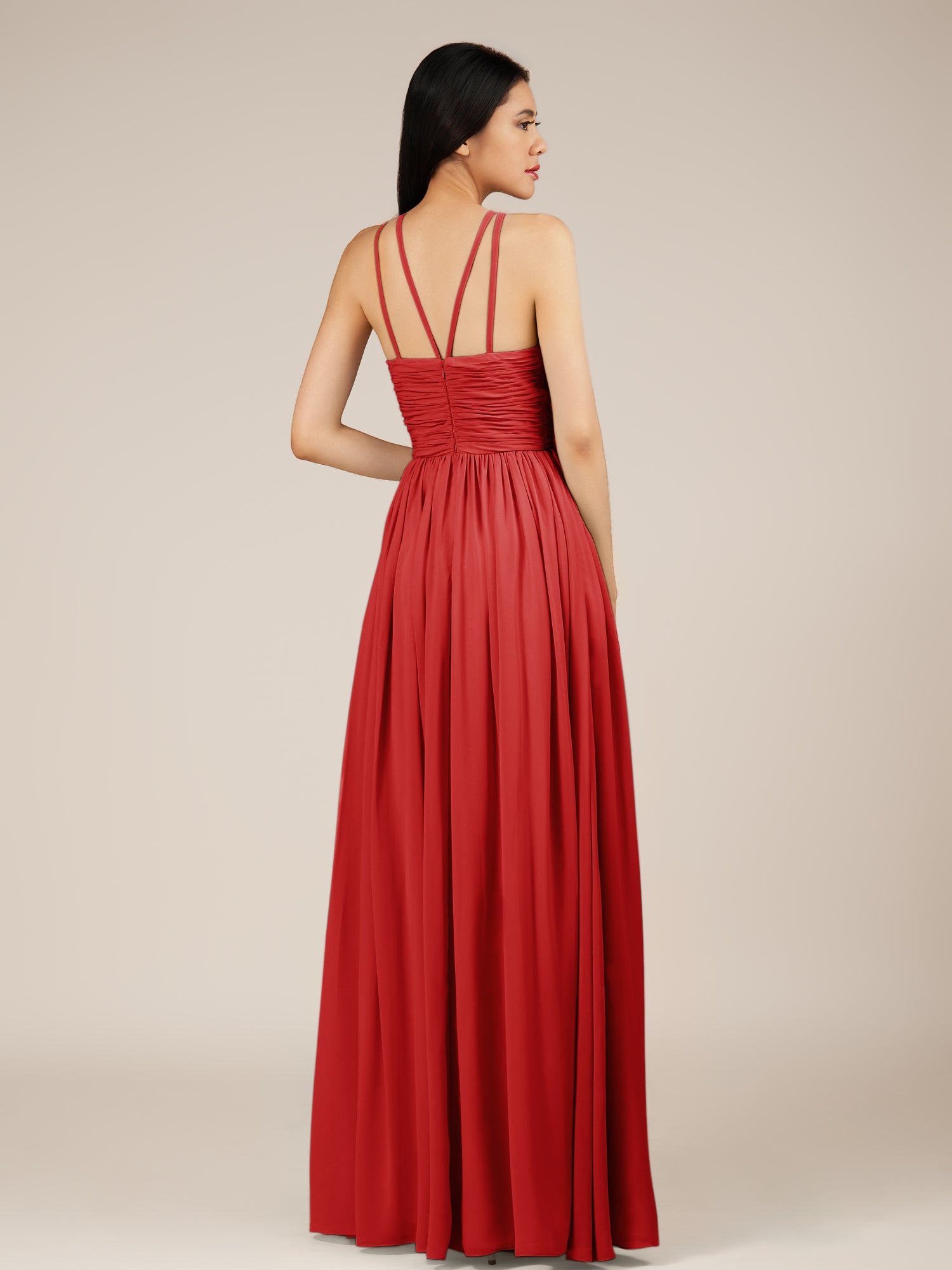 KissDress-Orinthia Ruby Red A Line Halter Neck Chiffon Long Bridesmaid Dress with Pleats