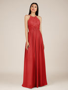 KissDress-Orinthia Ruby Red A Line Halter Neck Chiffon Long Bridesmaid Dress with Pleats