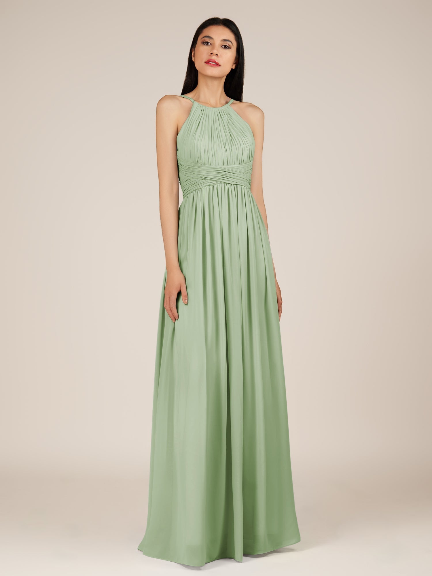 KissDress-Orinthia Sage A Line Halter Neck Chiffon Long Bridesmaid Dress with Pleats