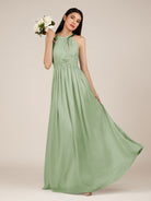 KissDress-Orinthia Sage A Line Halter Neck Chiffon Long Bridesmaid Dress with Pleats