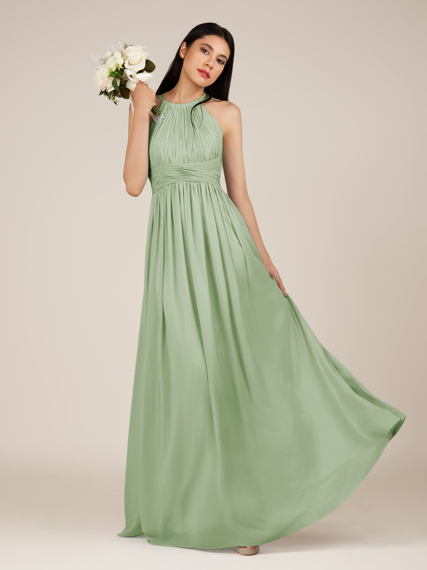 KissDress-Orinthia Sage A Line Halter Neck Chiffon Long Bridesmaid Dress with Pleats