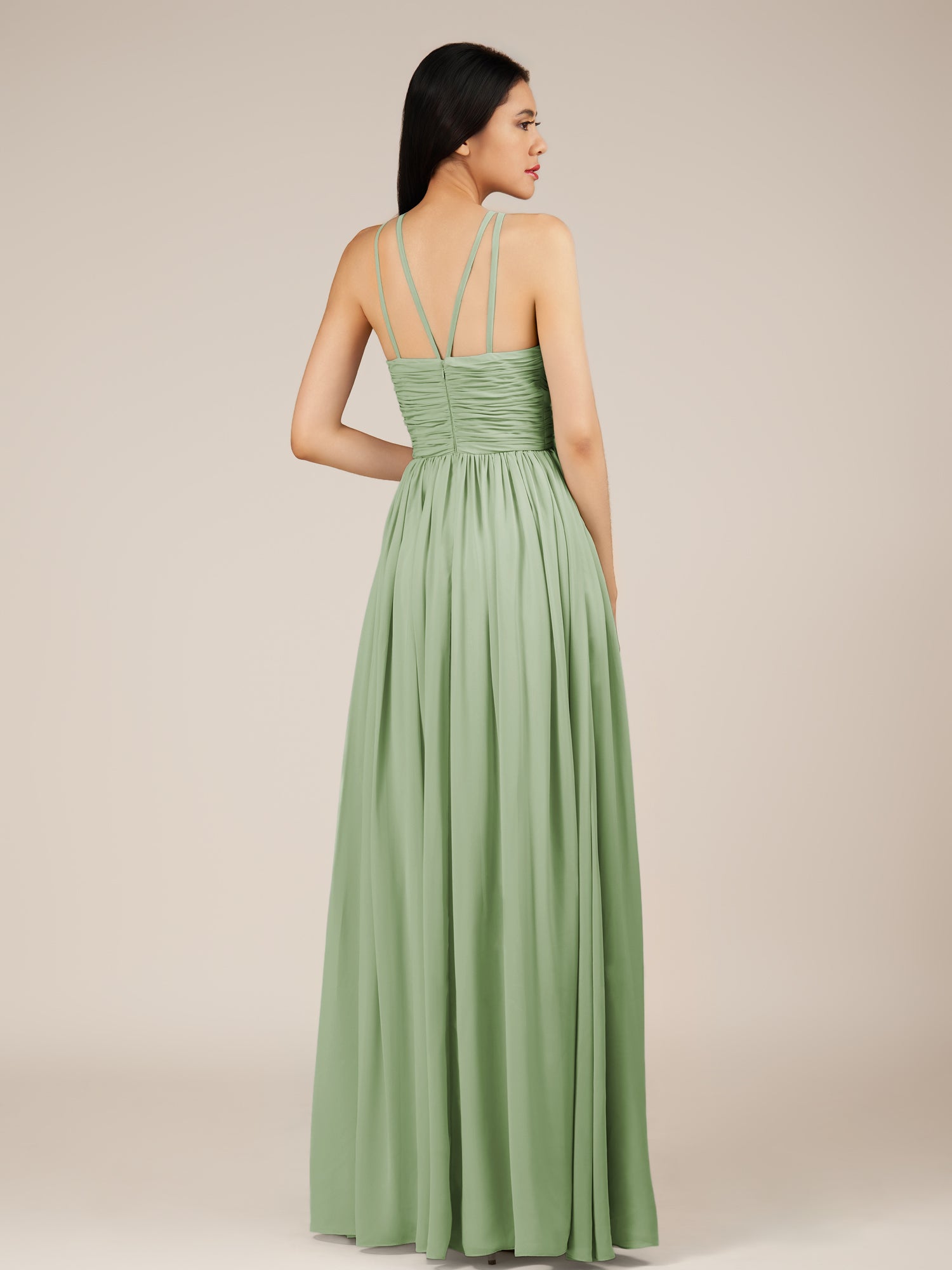 KissDress-Orinthia Sage A Line Halter Neck Chiffon Long Bridesmaid Dress with Pleats