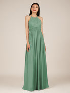 KissDress-Orinthia Sea Glass A Line Halter Neck Chiffon Long Bridesmaid Dress with Pleats