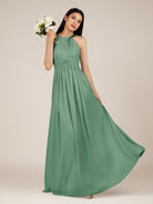 KissDress-Orinthia Sea Glass A Line Halter Neck Chiffon Long Bridesmaid Dress with Pleats