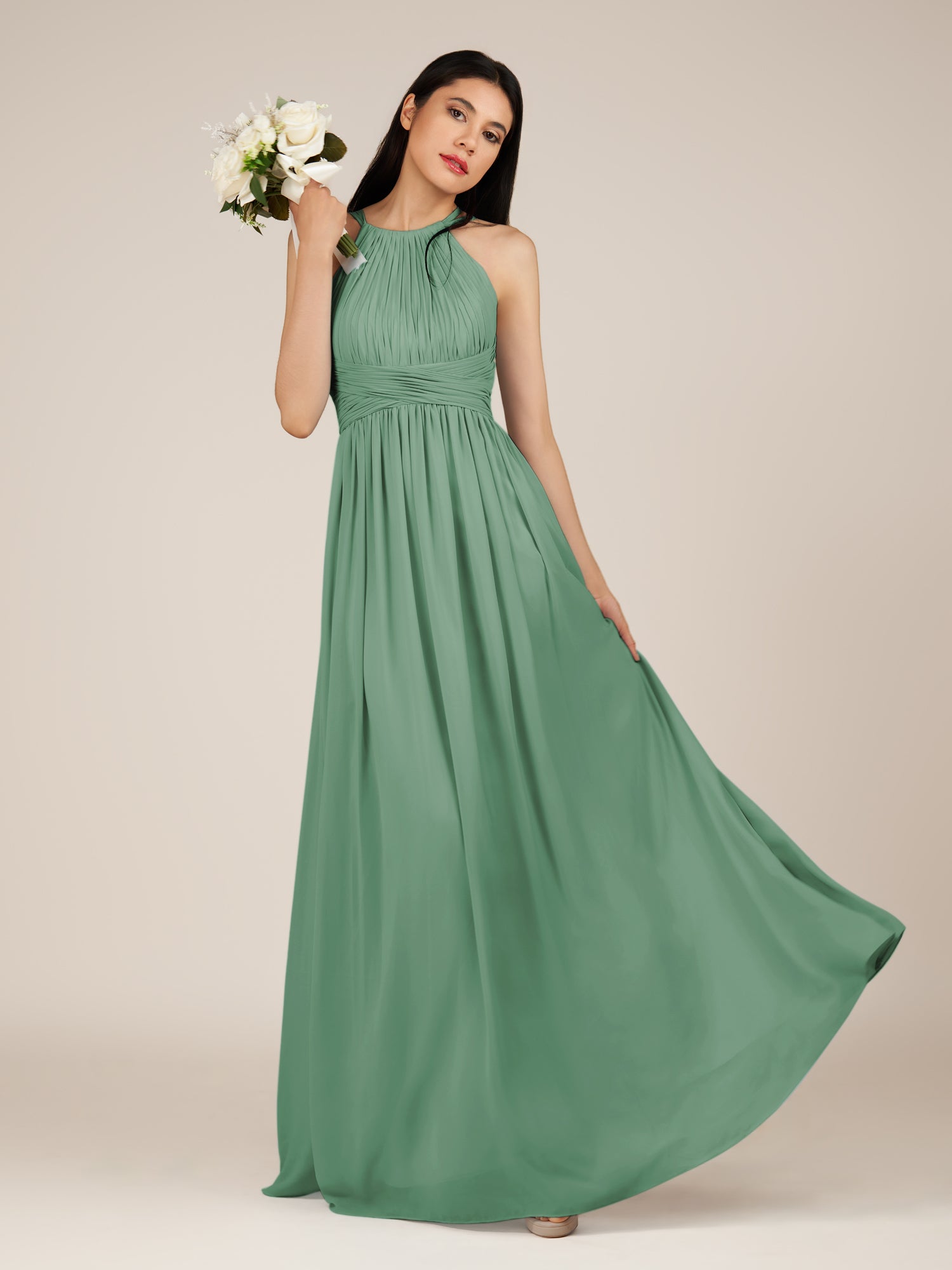KissDress-Orinthia Sea Glass A Line Halter Neck Chiffon Long Bridesmaid Dress with Pleats