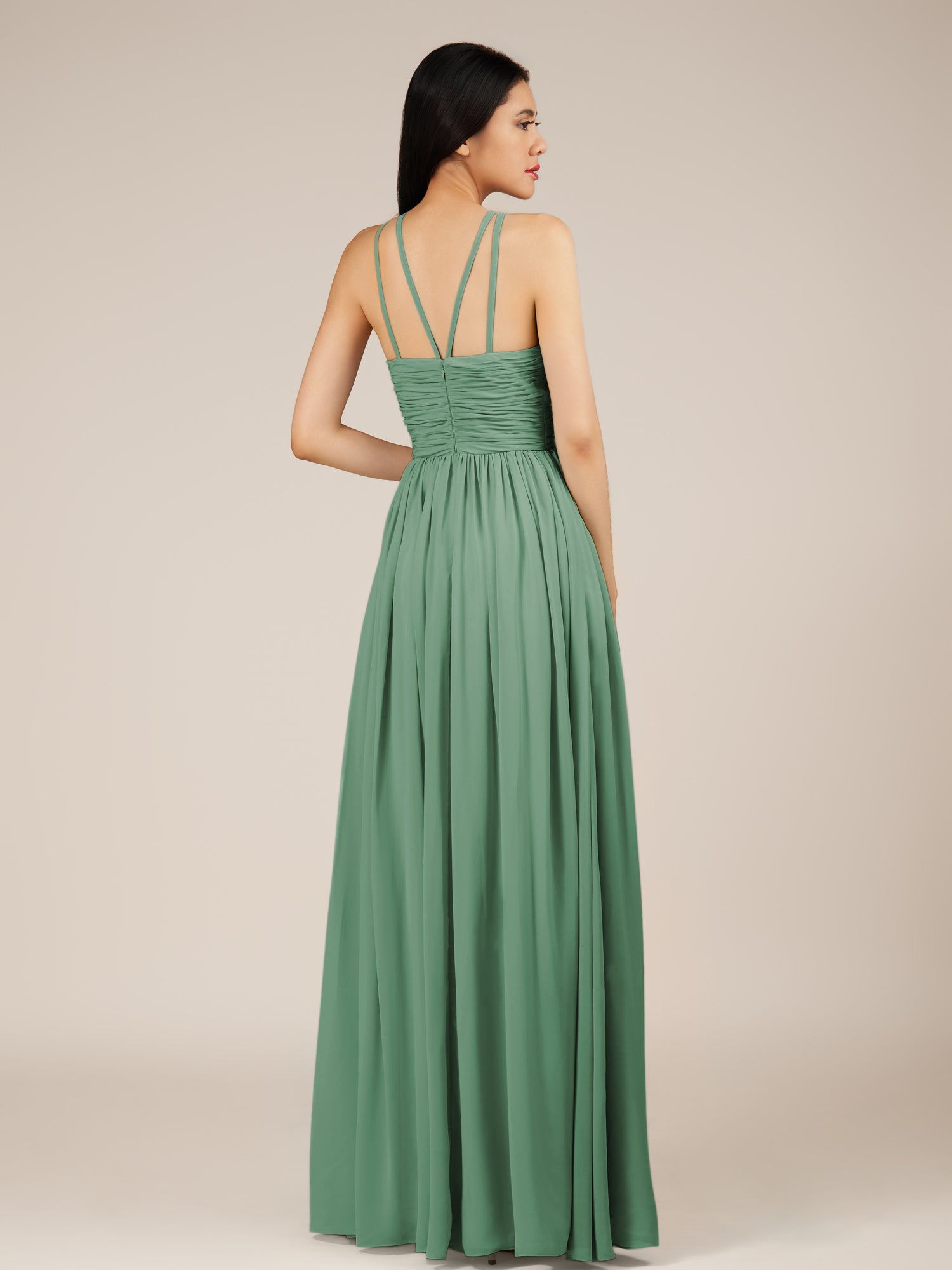 KissDress-Orinthia Sea Glass A Line Halter Neck Chiffon Long Bridesmaid Dress with Pleats