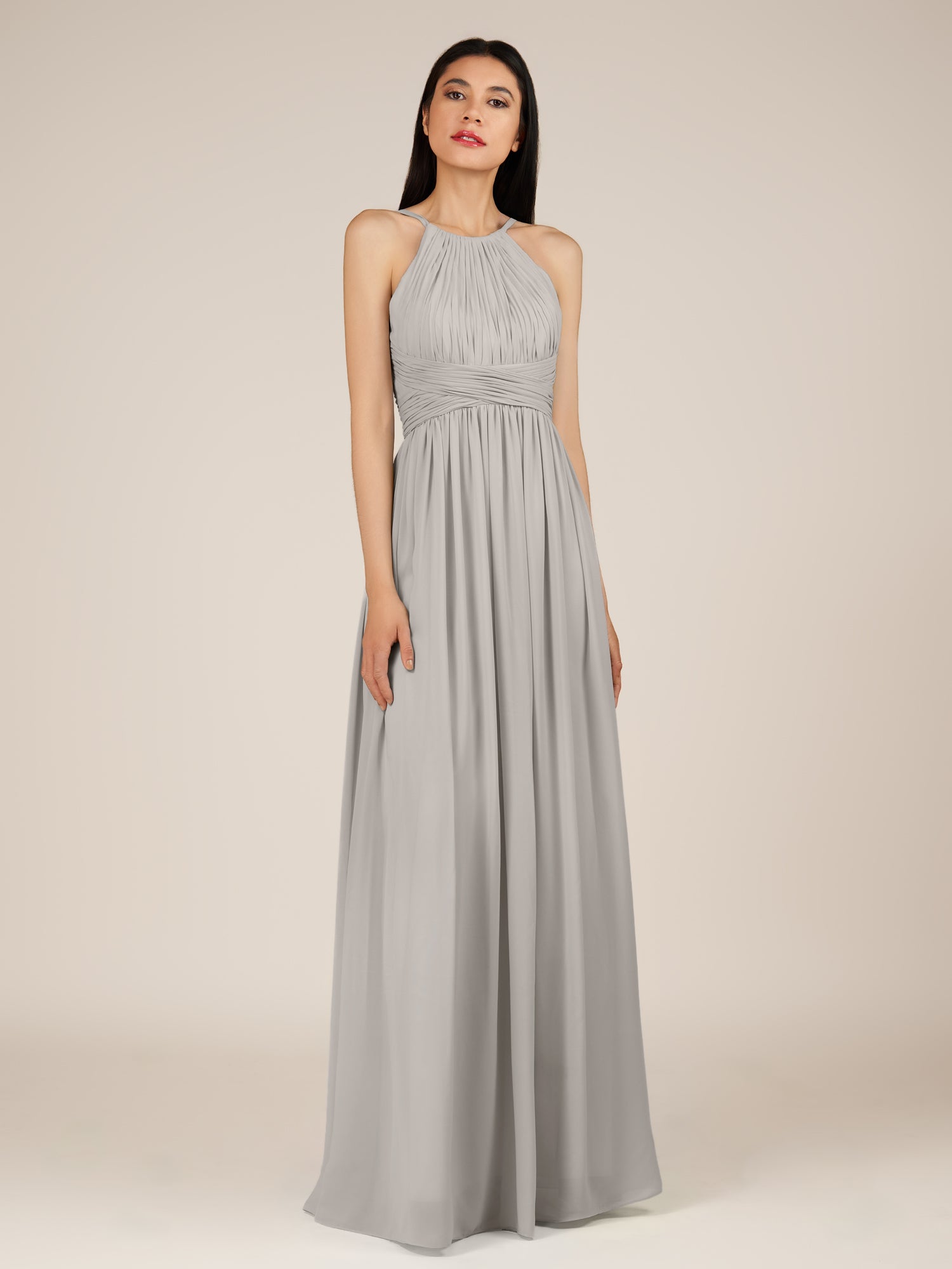 KissDress-Orinthia Silver A Line Halter Neck Chiffon Long Bridesmaid Dress with Pleats