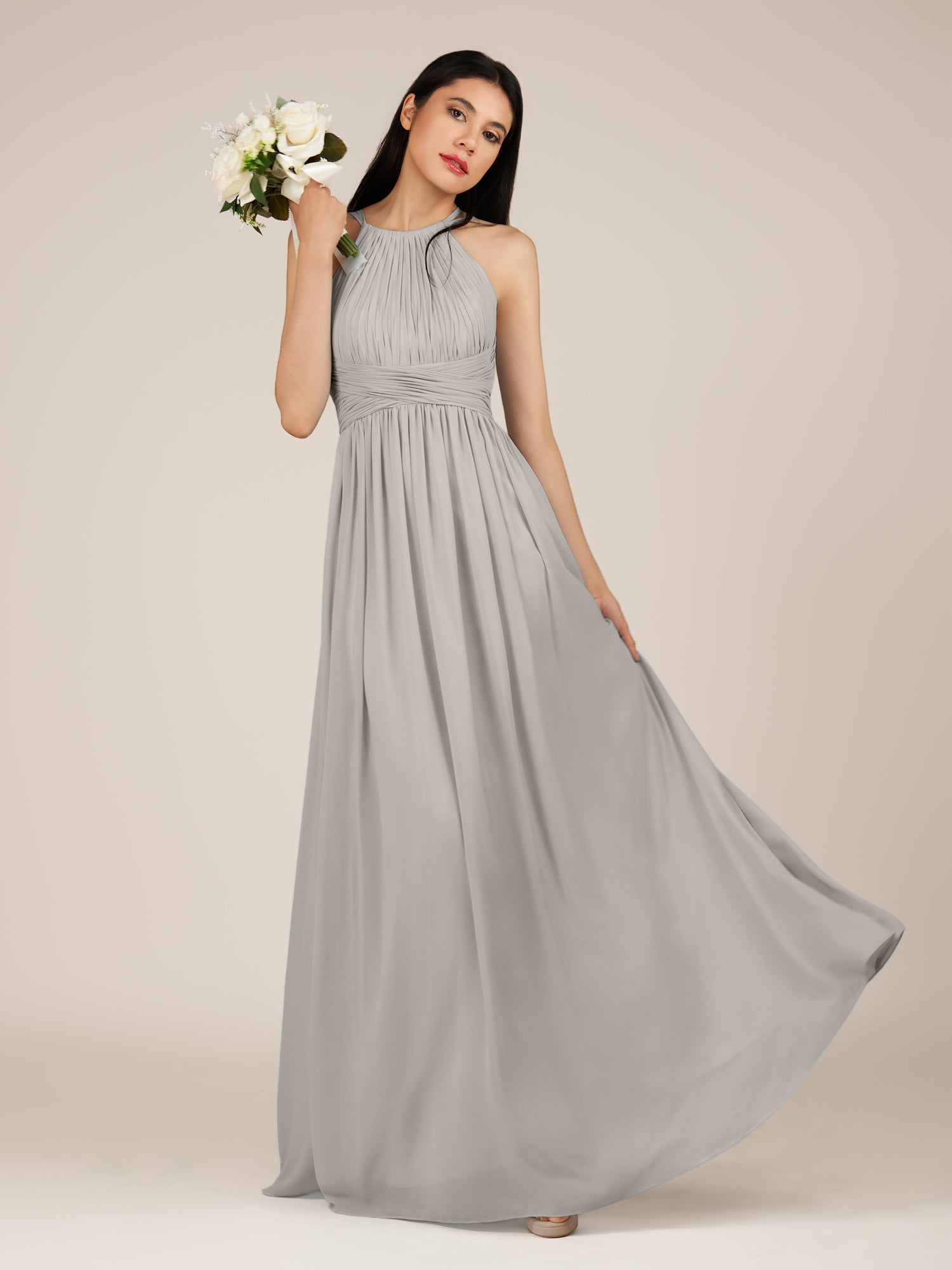 KissDress-Orinthia Silver A Line Halter Neck Chiffon Long Bridesmaid Dress with Pleats