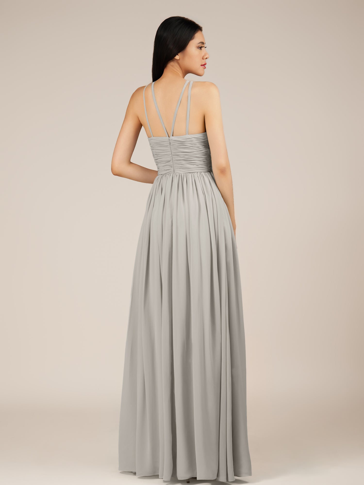 KissDress-Orinthia Silver A Line Halter Neck Chiffon Long Bridesmaid Dress with Pleats