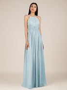 KissDress-Orinthia Sky Blue A Line Halter Neck Chiffon Long Bridesmaid Dress with Pleats