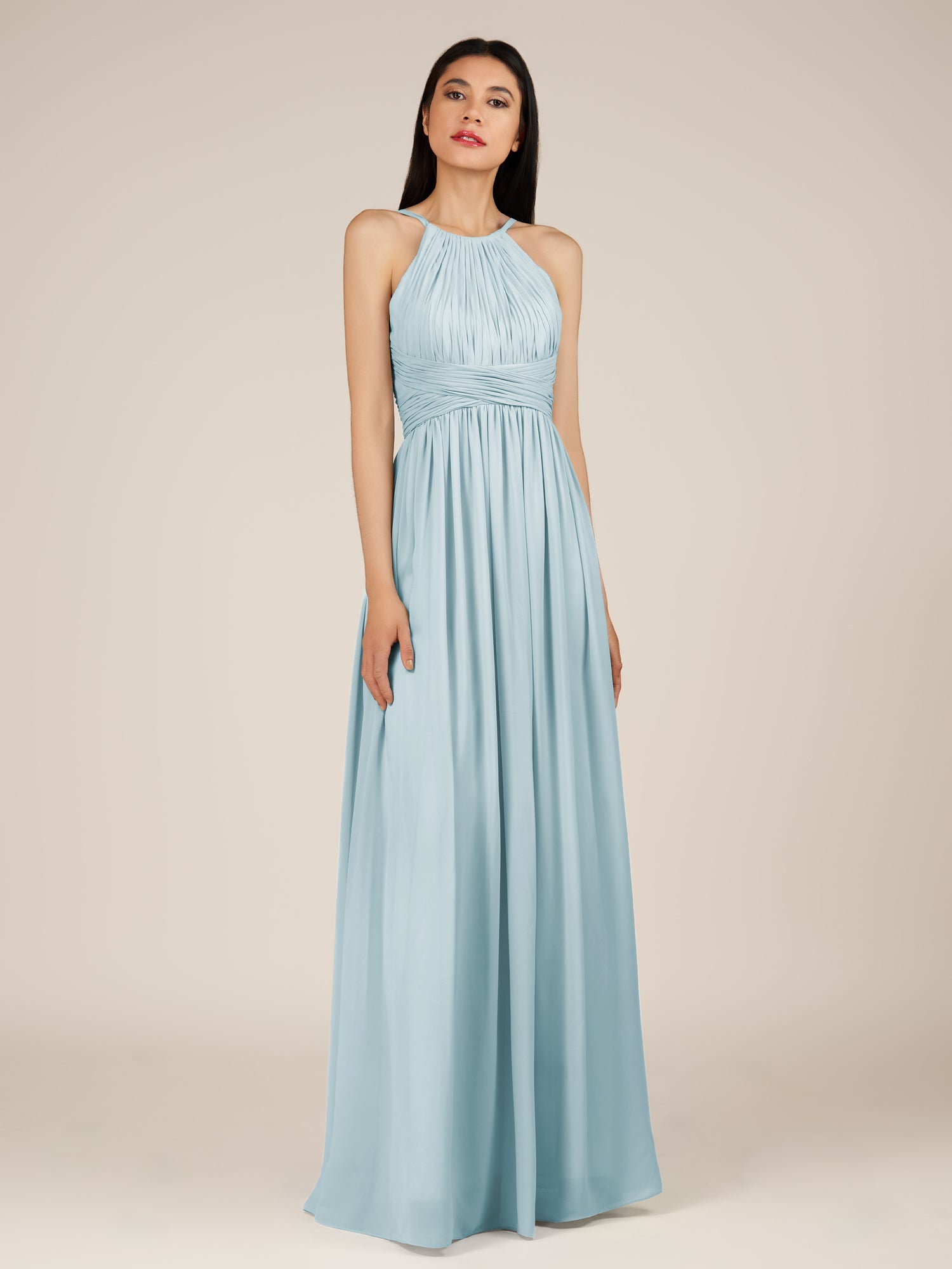 KissDress-Orinthia Sky Blue A Line Halter Neck Chiffon Long Bridesmaid Dress with Pleats